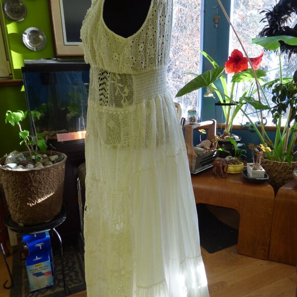 GOTH BOHO PRAIRIE WEDDING WHITE FLORAL EYELET WOVEN TIERED FULL MAXI DRESS XL - Picture 3 of 16